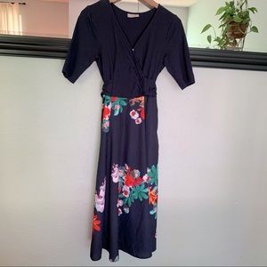 eShakti blue and floral faux wrap dress